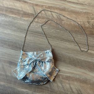 Silver Sparkly Crossbody Purse with Bow for Holidays, New Years Eve Chain Link